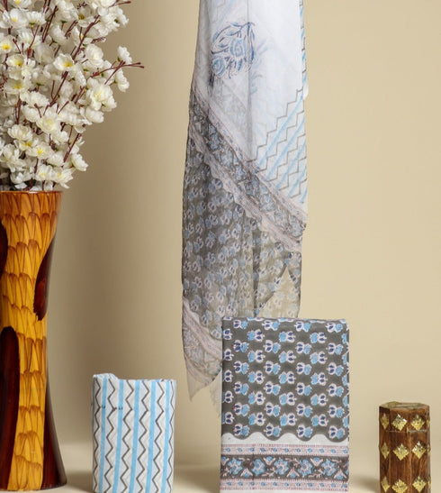 Buti Print Cotton Suit Set with Chiffon Dupatta (PCHF36)